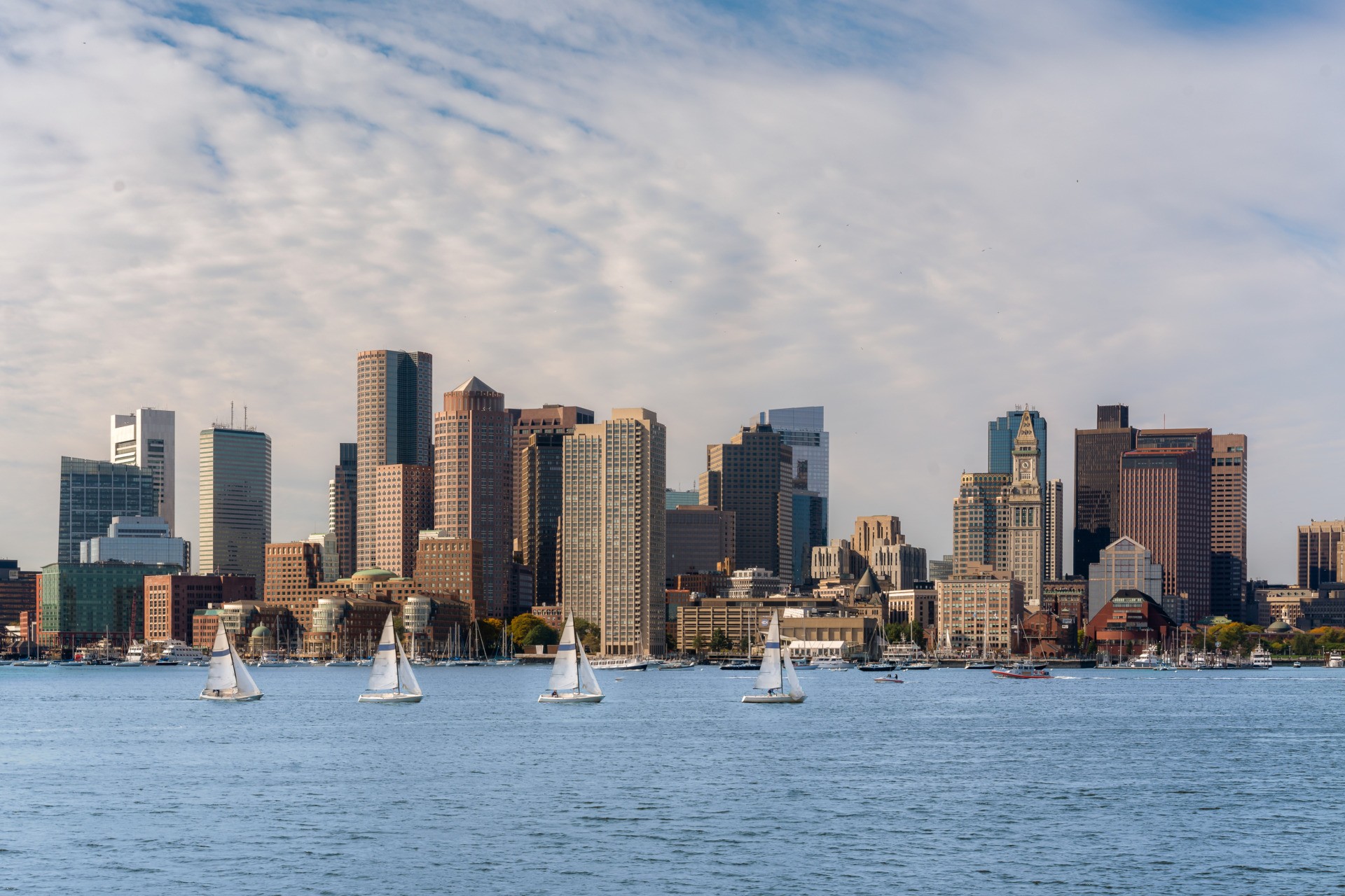 Rooted in growth. Powered by people. Image of Boston's waterfront taken from the water, with small sailboats racing in the foreground.