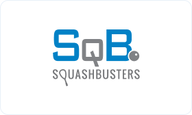 Rooted in growth. Powered by people. Image of Squashbuster's logo in blue and grey on a white background.