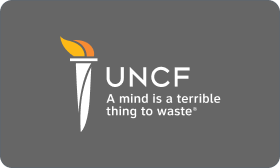 Rooted in growth. Powered by people. Image of UNCF's logo in white and orange on a dark grey background.